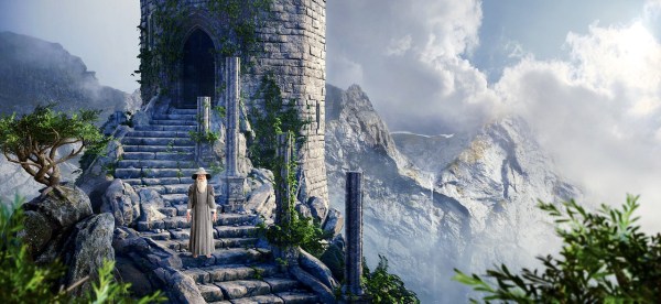 Image of a wizard standing in front of a castle