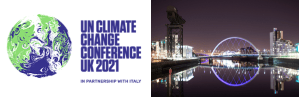 Image showing the COP26 logo and a view of the Glasgow skyline