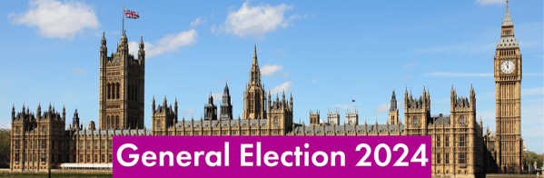 A picture of the UK Houses of Parliament with a purple banner stating General Election 2024