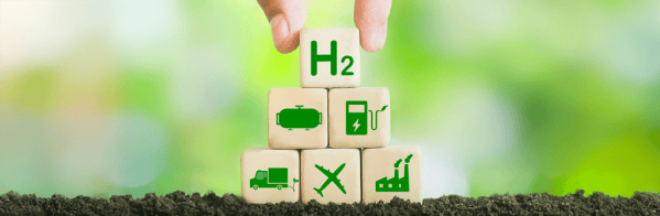 A hydrogen block set on top of other blocks representing hydrogen uses